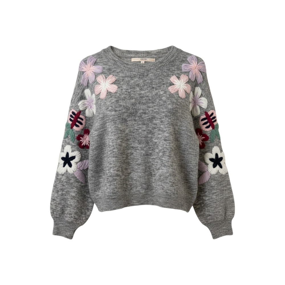 BNCI Medium Floral Embroidered Brushed Knit Sweater Grey Wool Blend Crewneck